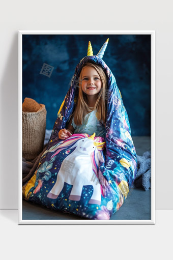 穿着独角兽睡袋笑容甜美的金发小女孩