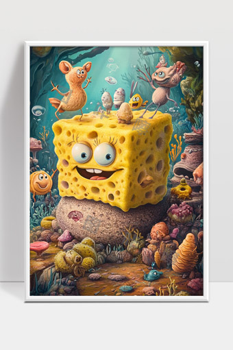 海底奇幻世界中的立体海绵方块与欢乐小伙伴们