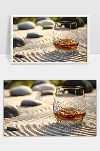 沙盘石纹与威士忌酒杯的静谧禅意光影