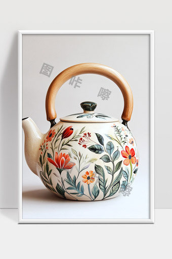 手绘花卉图案陶瓷茶壶带木质手柄精美工艺