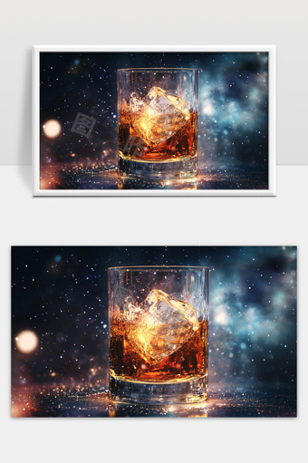冰块摇晃中的威士忌酒杯绚丽光影美酒诱惑