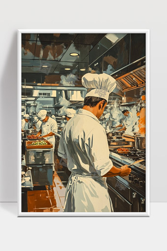 专业厨师厨房忙碌烹饪美食场景写实油画