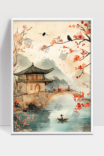 古风水墨画江南秋景桥上人物泛舟赏景