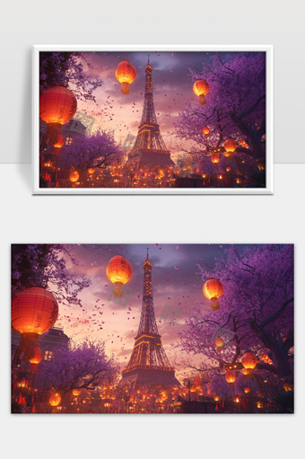 樱花环绕灯笼点缀浪漫巴黎埃菲尔铁塔夜景