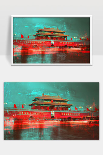 夜色下的北京天安门广场红色灯光映照