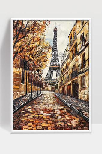 秋日巴黎街头埃菲尔铁塔风景油画艺术作品