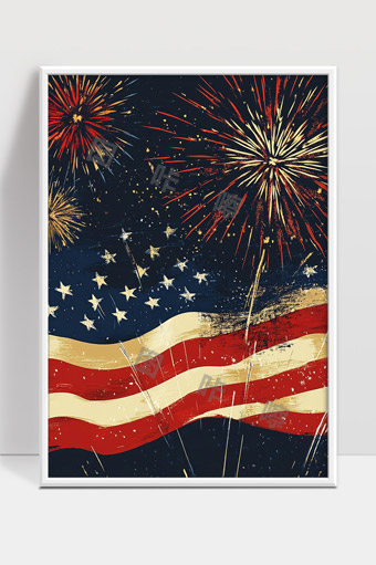 美国国旗庆典焰火夜空爱国主题艺术插画