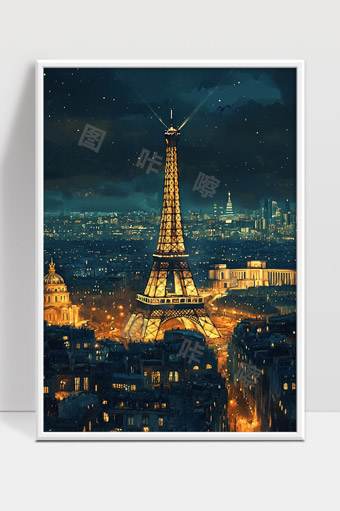 夜色巴黎埃菲尔铁塔灯光璀璨城市风景
