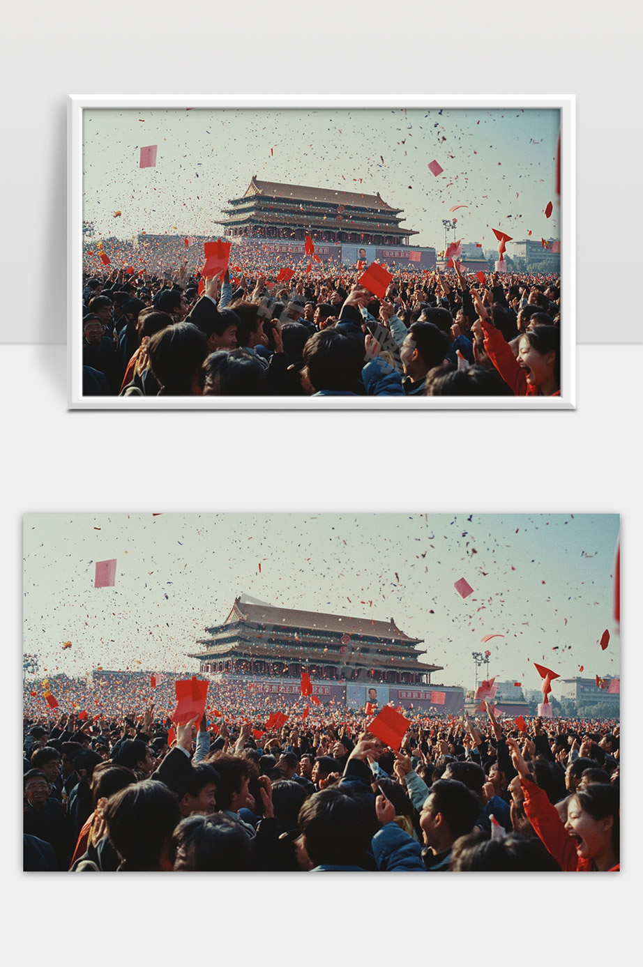 天安门广场群众庆祝挥舞红旗胜利喜庆场面