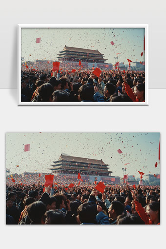 天安门广场群众庆祝挥舞红旗胜利喜庆场面