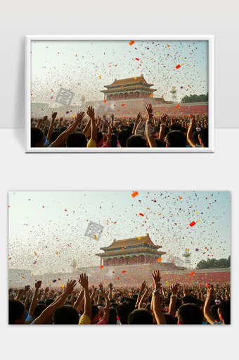 天安门前群众欢庆烟花飞舞盛大节日现场