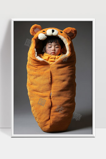 可爱宝宝穿着卡通熊造型睡袋甜美入睡场景