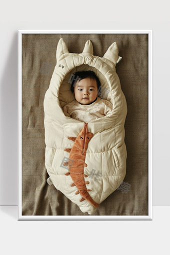 可爱宝宝穿着恐龙造型睡袋温馨温暖