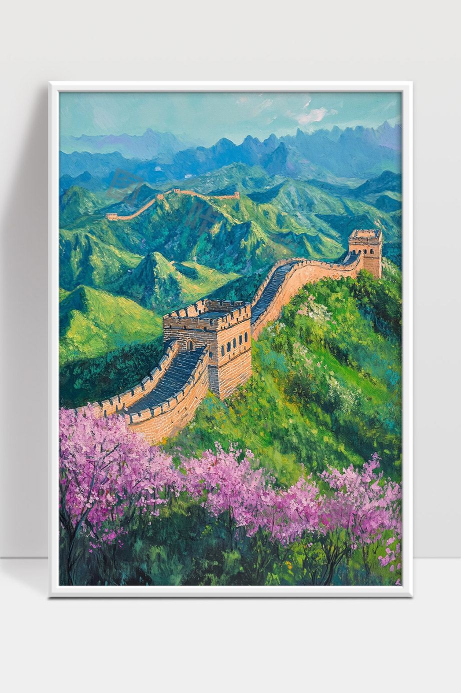 巍峨长城春日山花烂漫壮丽风光画作