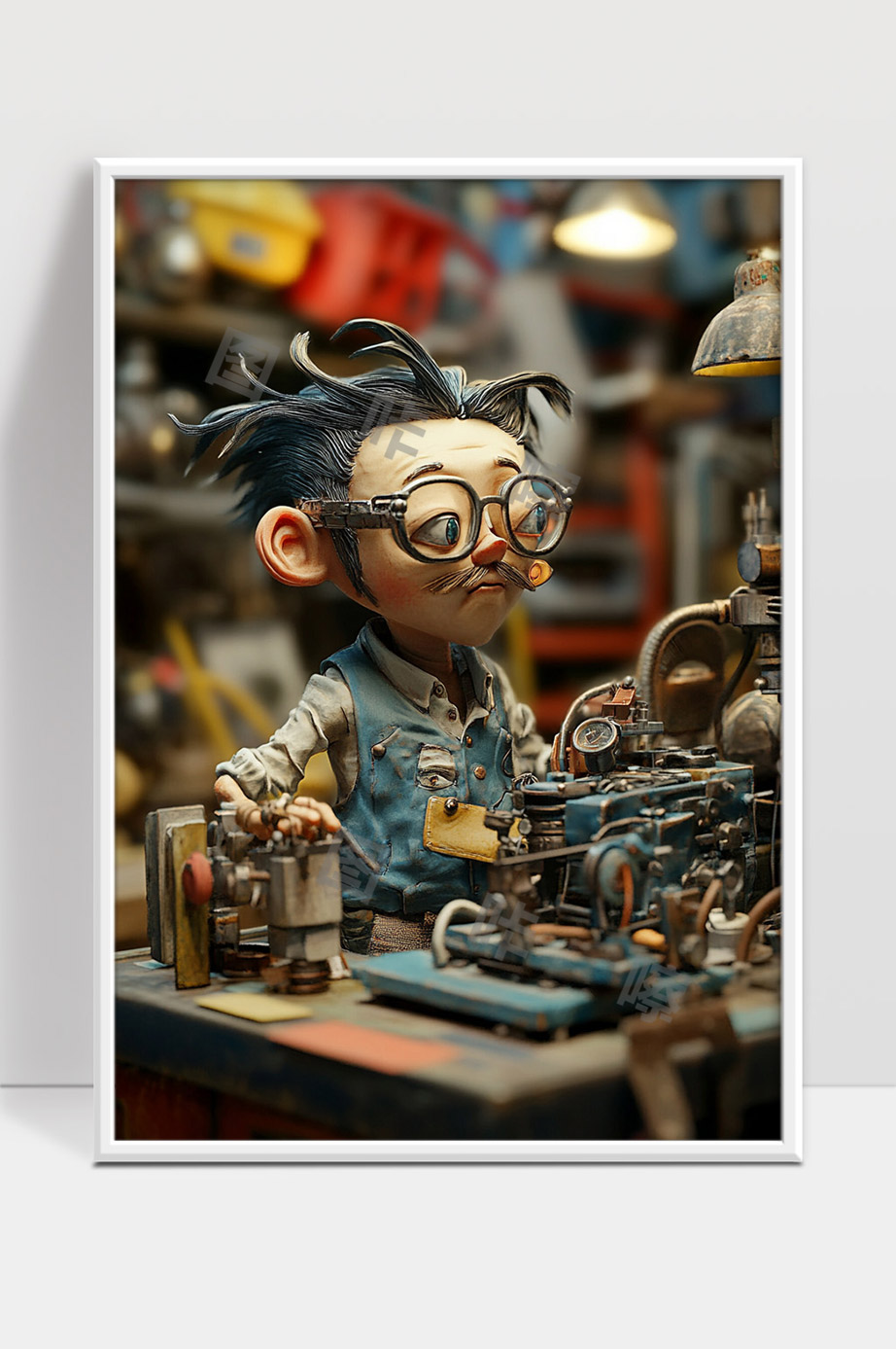 机械师专注工坊中探索机械装置的卡通人物形象