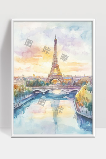 埃菲尔铁塔水彩画风光巴黎黄昏景色艺术