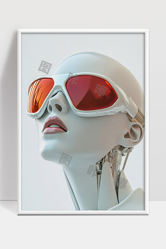 未来科技感女性机器人佩戴红色智能护目镜特写