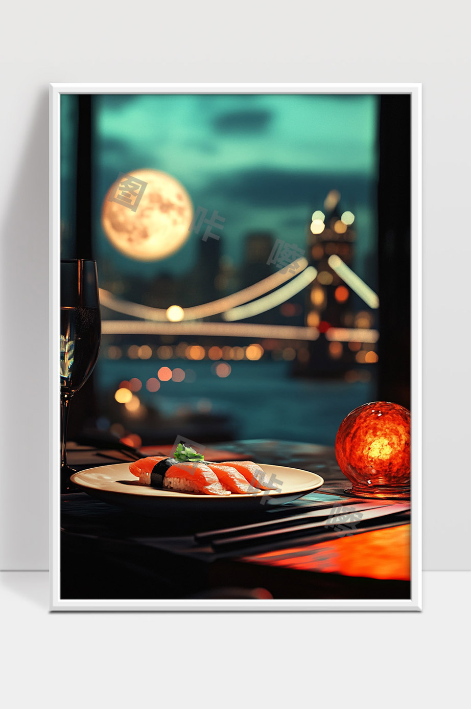 月夜下温馨餐厅美食与都市灯光夜景融合