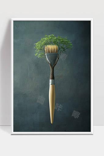 创意环保画笔与绿色树木结合表现自然之美