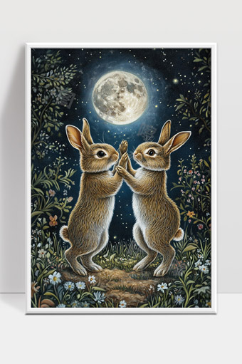 夜晚森林中两只兔子在皎洁月光下相互嬉戏的梦幻画面