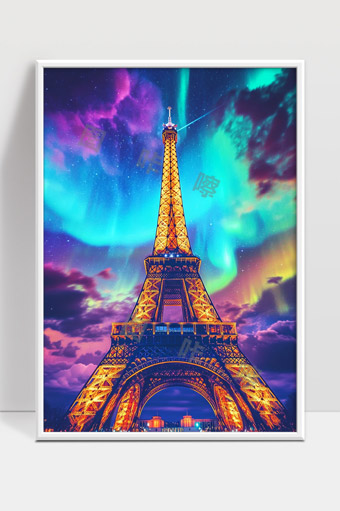 璀璨灯光映衬下的巴黎埃菲尔铁塔夜景极光