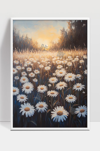 夕阳照耀下盛开的雏菊花海自然美景