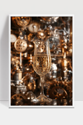 机械齿轮背景下晶莹剔透的香槟酒杯特写镜头