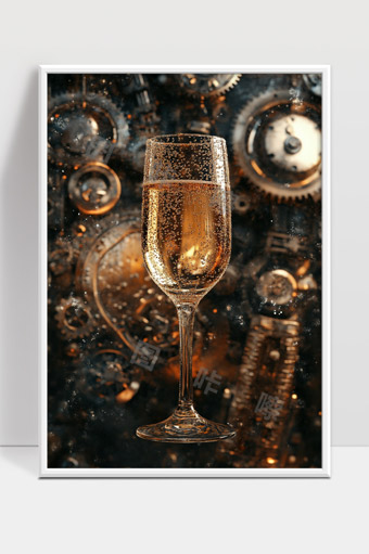 机械齿轮背景下闪耀泡沫气泡香槟酒杯特写