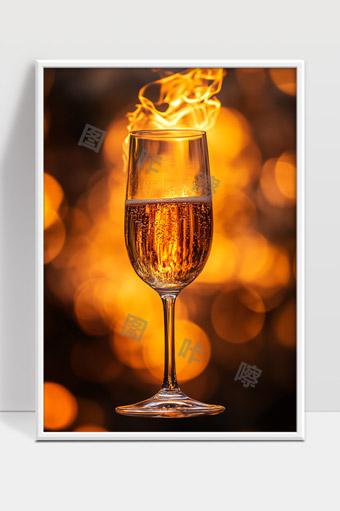 炫彩火焰映照下的气泡香槟酒杯唯美静物