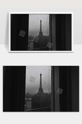 雨中巴黎艾菲尔铁塔窗外风景黑白摄影