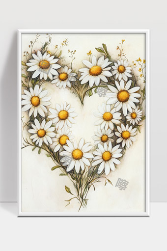 心形雏菊花环温馨浪漫自然唯美插画艺术