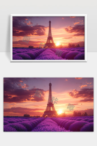 薰衣草花海映衬巴黎埃菲尔铁塔落日美景