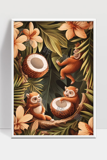 热带雨林中猴子与椰子趣味插画