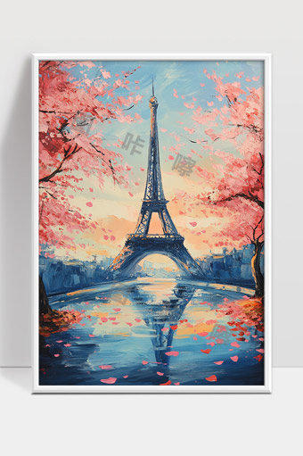 浪漫樱花映照下的巴黎埃菲尔铁塔油画