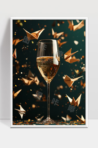 香槟酒杯与纸鹤飞舞梦幻唯美场景