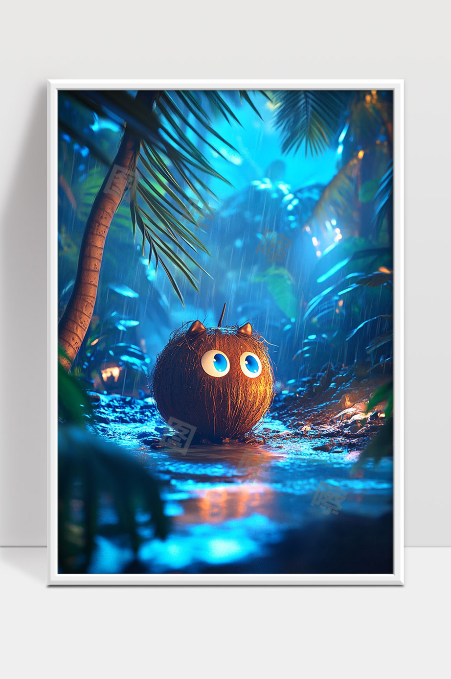 热带雨林中卡通椰子夜晚蓝色光影奇幻场景
