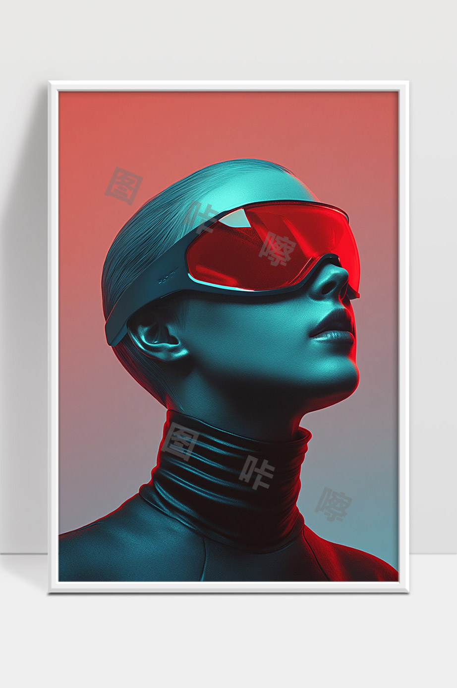 未来感科技女性戴红色智能护目镜高清艺术肖像
