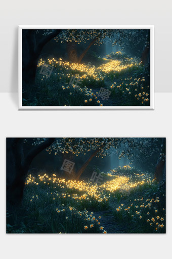 幽深森林中的点点繁星般盛开的水仙花海