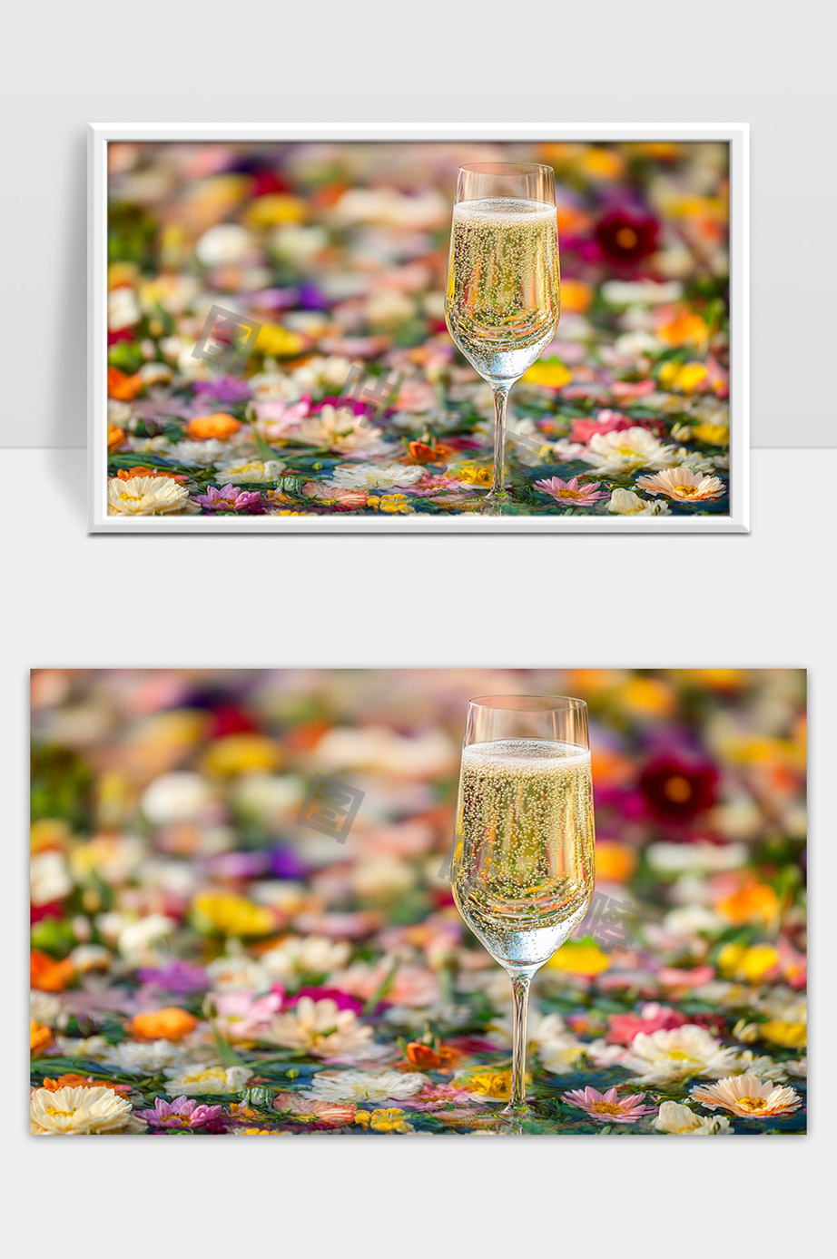花海中晶莹剔透的香槟酒杯唯美画面