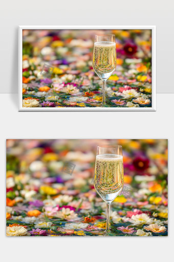 花海中晶莹剔透的香槟酒杯唯美画面