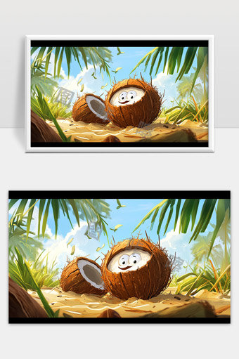 阳光海滩卡通椰子沙滩开心微笑场景