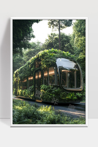 绿色生态公交车行驶在森林中的未来环保交通工具