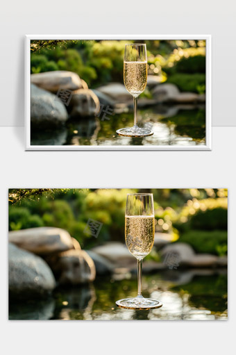 阳光下的香槟酒杯与自然水景宁静画面