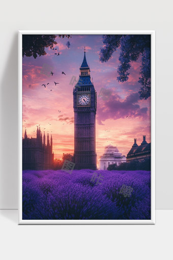 伦敦大本钟晨曦薰衣草花海浪漫景象