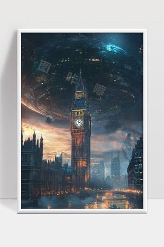 伦敦大本钟前的未来科技外星飞船入侵景象