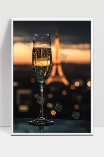 香槟酒杯与埃菲尔铁塔夜景浪漫唯美画面