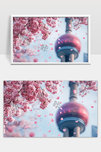 上海春日樱花盛开东方明珠塔美丽风景