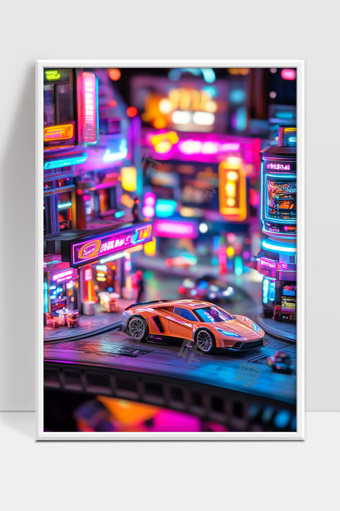 未来都市霓虹灯下的现代跑车夜景模型展示