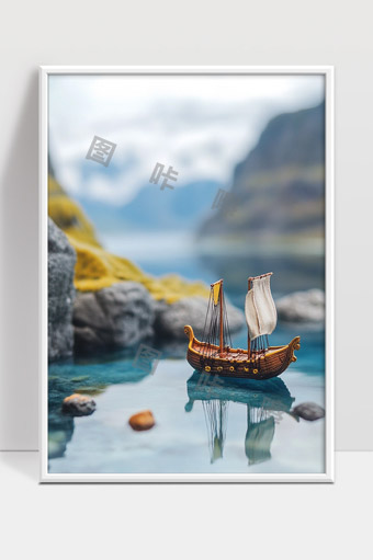 湖面上的复古风格迷你帆船与宁静山水景色