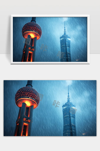 上海东方明珠塔和环球金融中心雨夜灯光璀璨景象